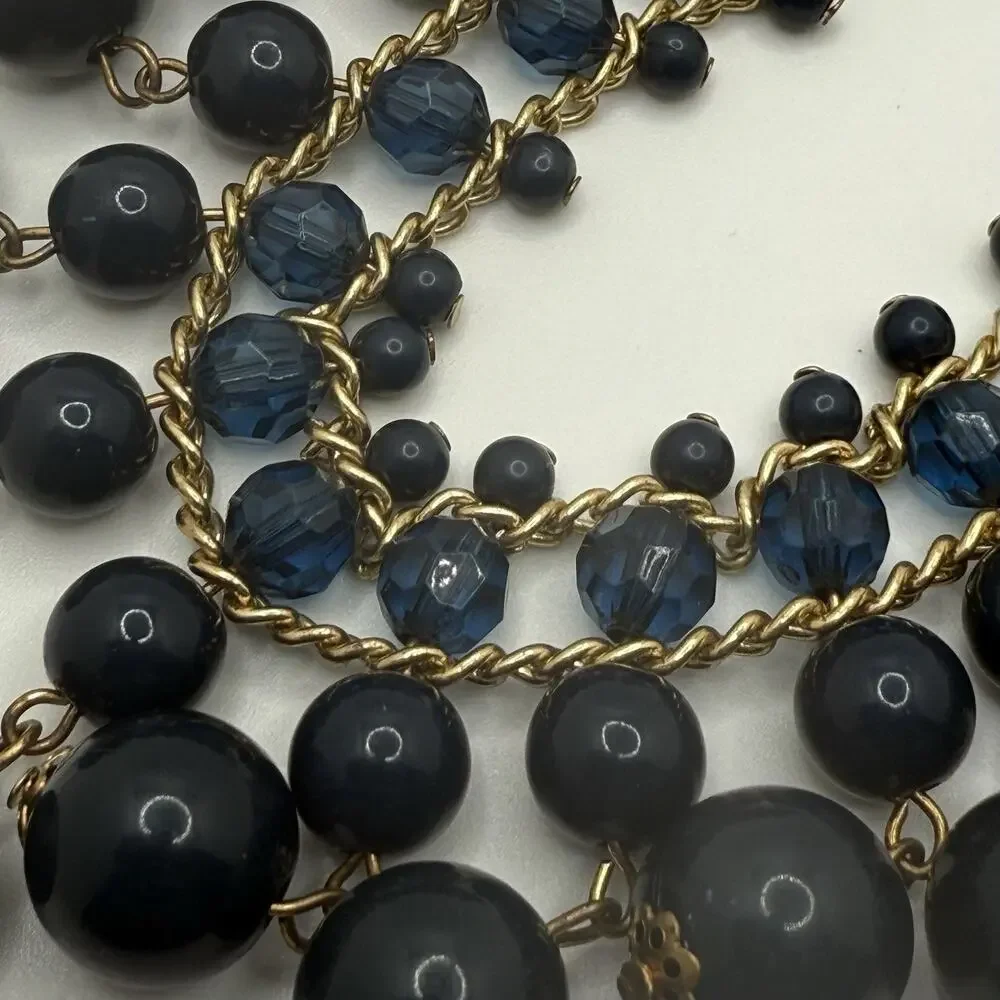 Dangle Beaded‎ Necklace Gold Tone Blue Gray Statement Double Strand Chain 19-22”